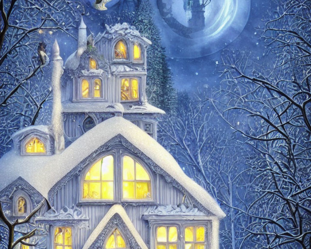 Glowing house in snowy winter scene with moonlit sky and snowman figures