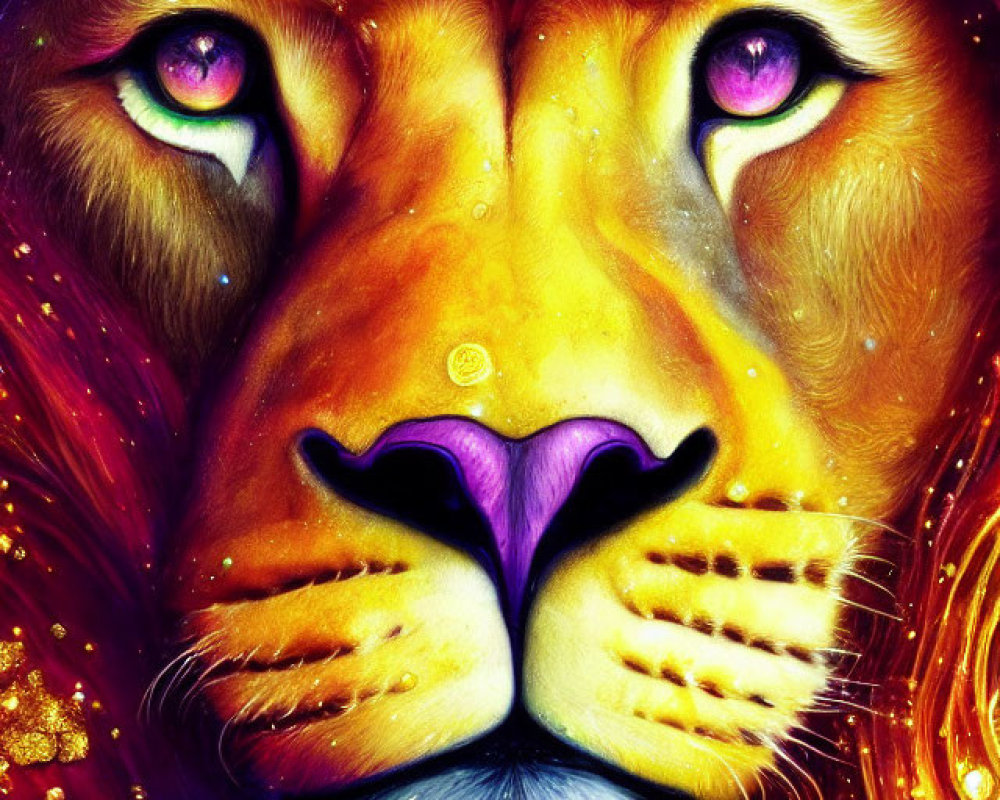 Colorful lion portrait with purple eyes in cosmic background.