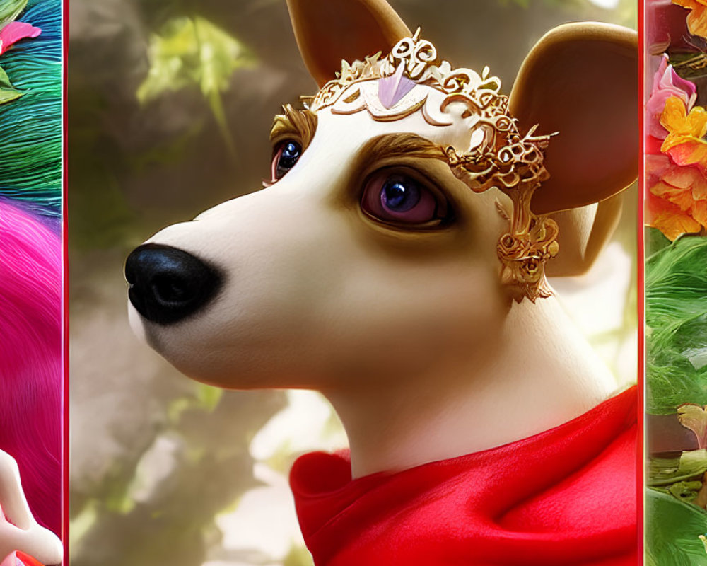 Stylized digital artwork of a dog with human-like eyes in golden headpiece and red scarf against