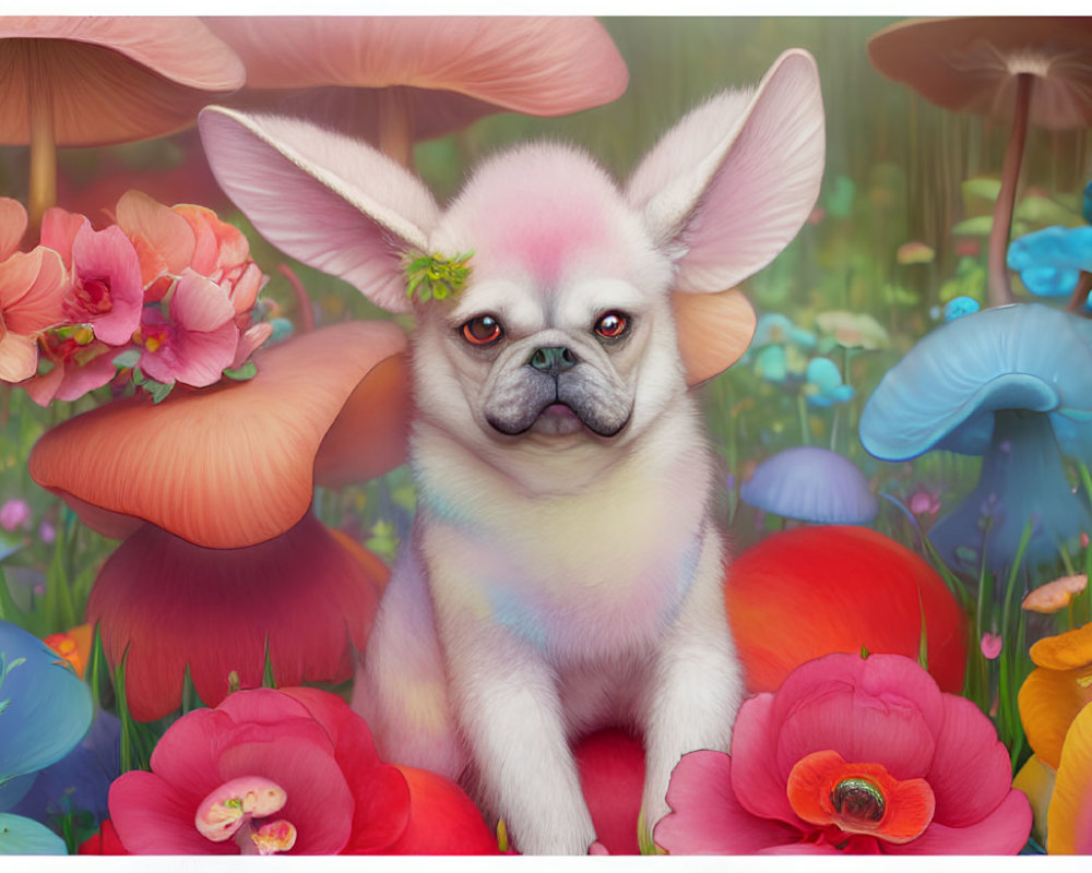 Colorful Dog Sitting Among Flowers and Mushrooms in Whimsical Illustration