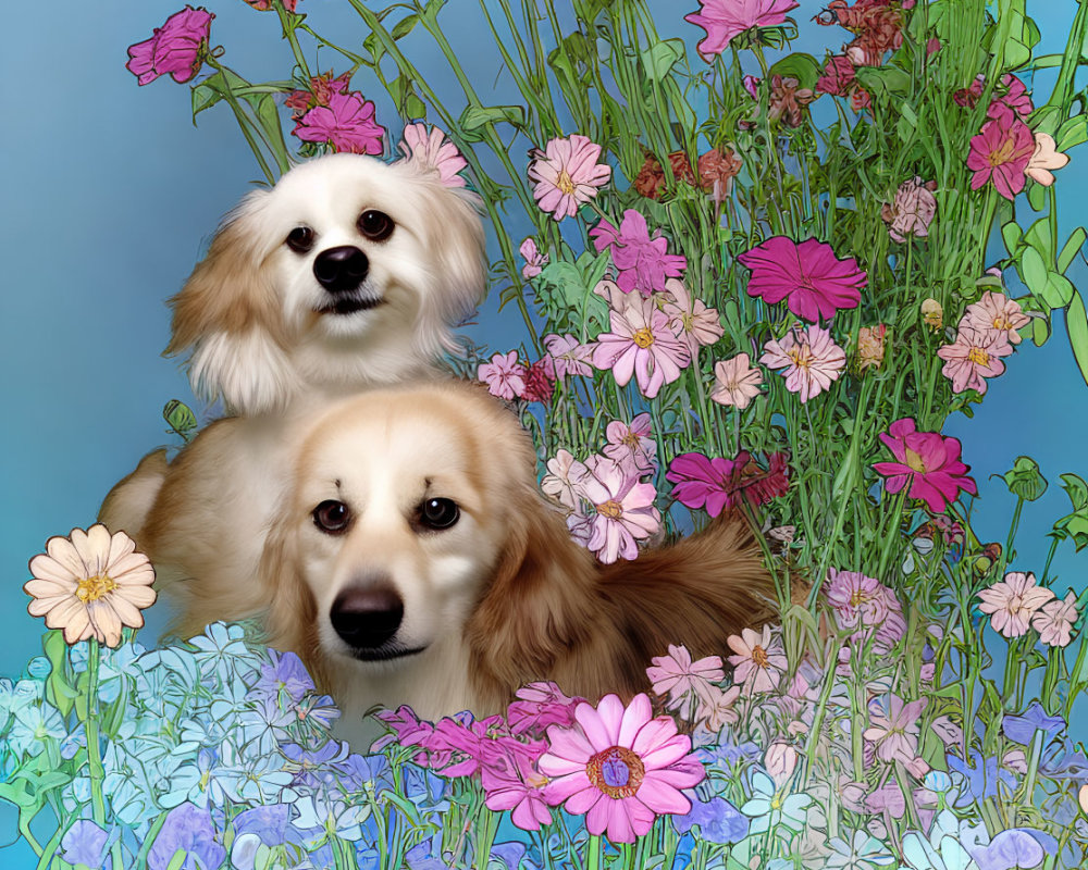 Fluffy Dogs Among Colorful Flowers on Blue Background