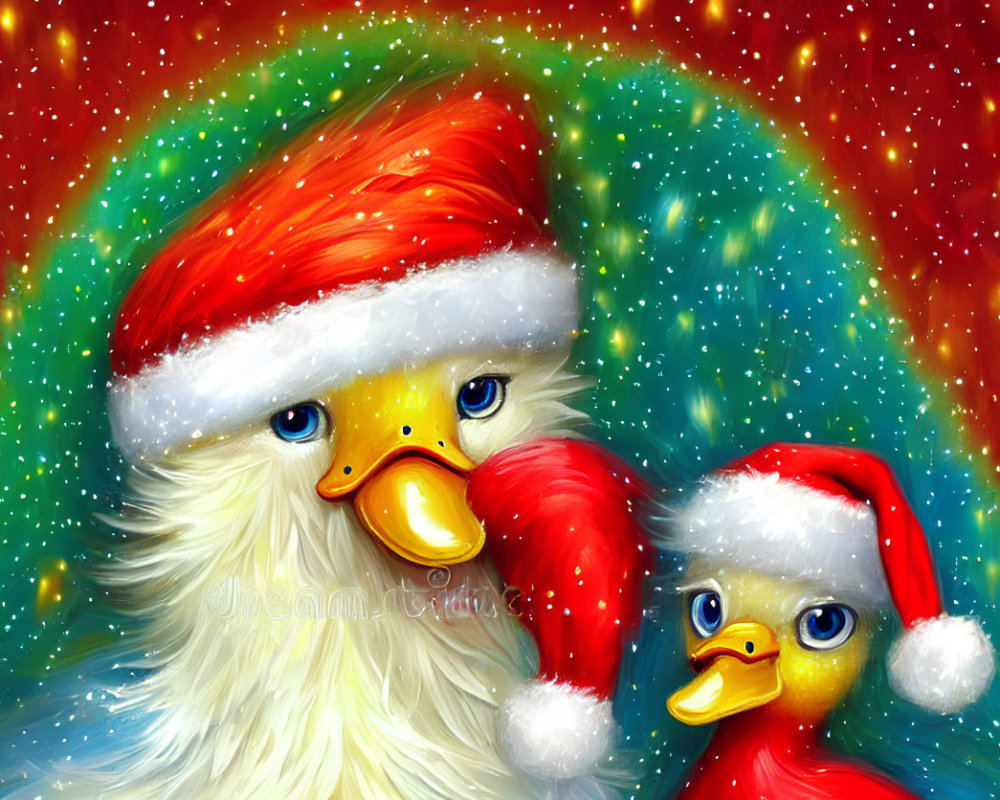 Festive cartoon chickens in Santa hats on snowy background