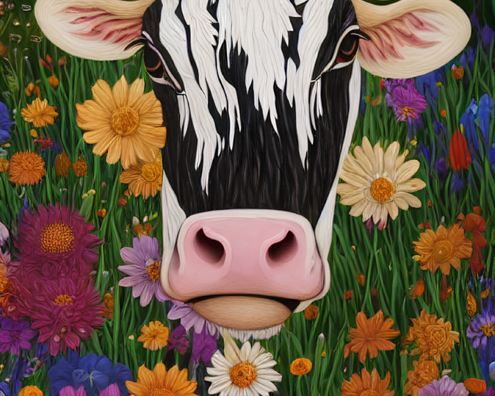 Vibrant cow head painting in colorful flower field with green background