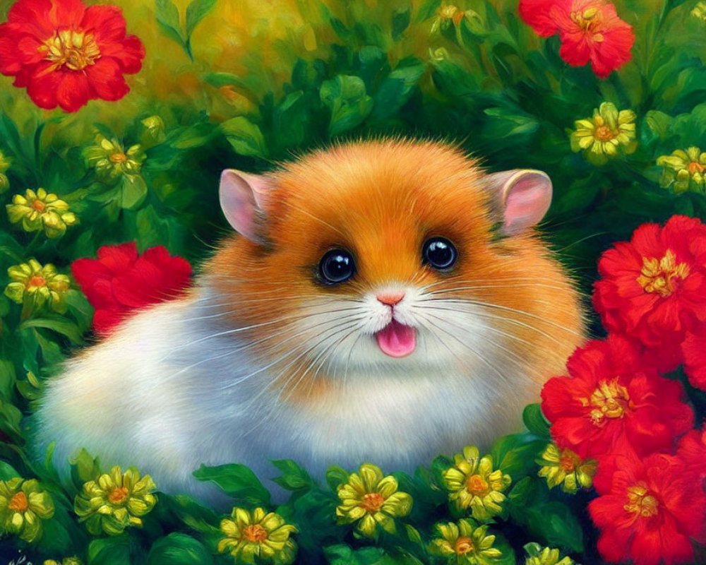 Colorful Hamster Illustration Among Red and Yellow Flowers