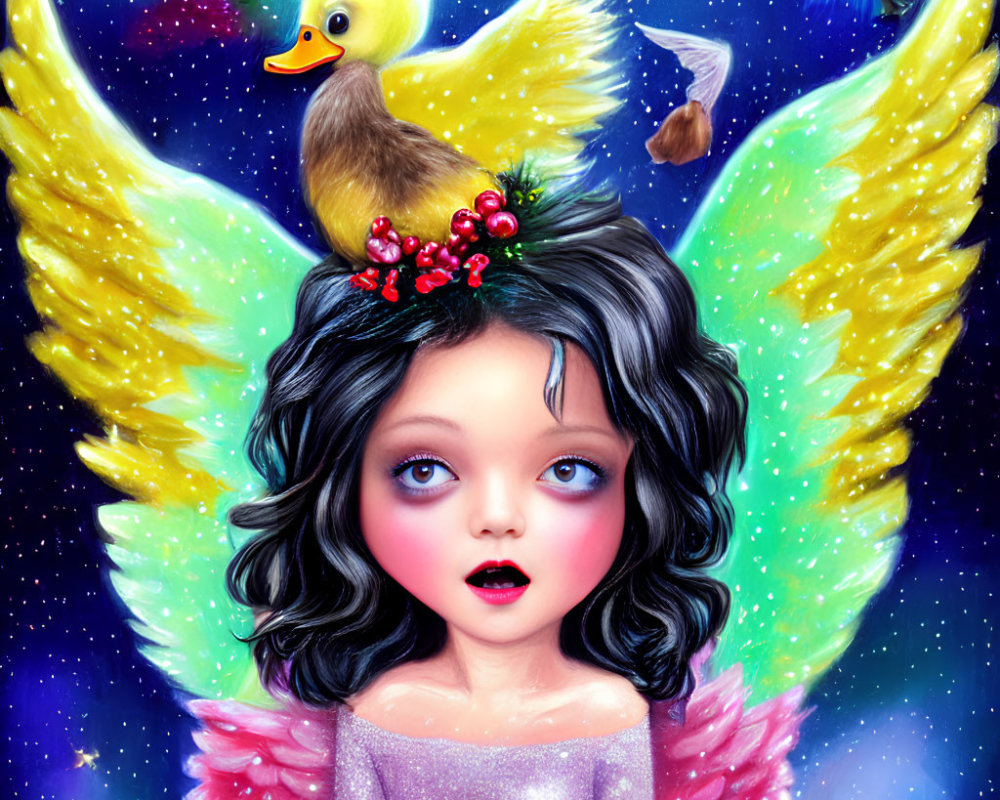 Vibrant illustration of wide-eyed girl with dark hair and yellow bird on head in celestial setting