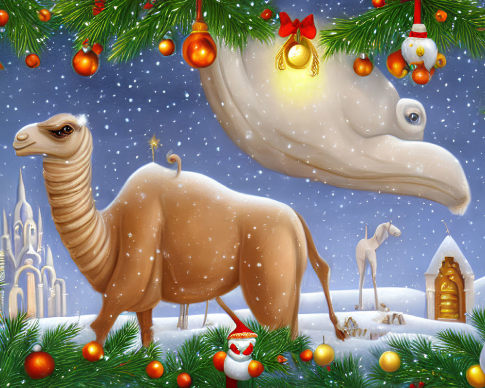 Whimsical winter scene with camel figures, crescent moon, and Christmas tree branches.