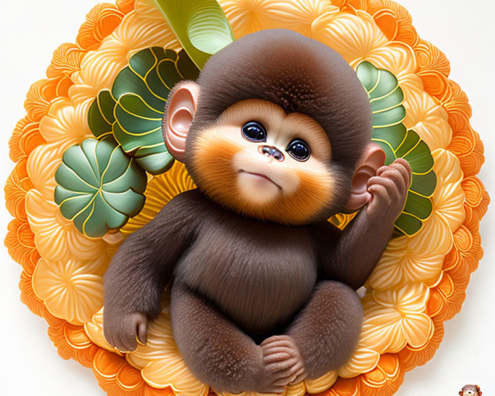 Stylized baby monkey on floral pattern background