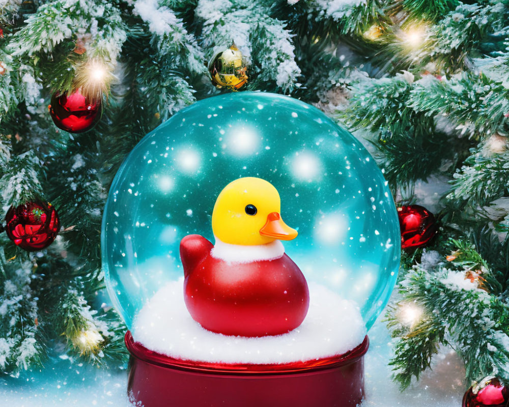 Christmas snow globe with rubber duck in Santa outfit and decorated tree