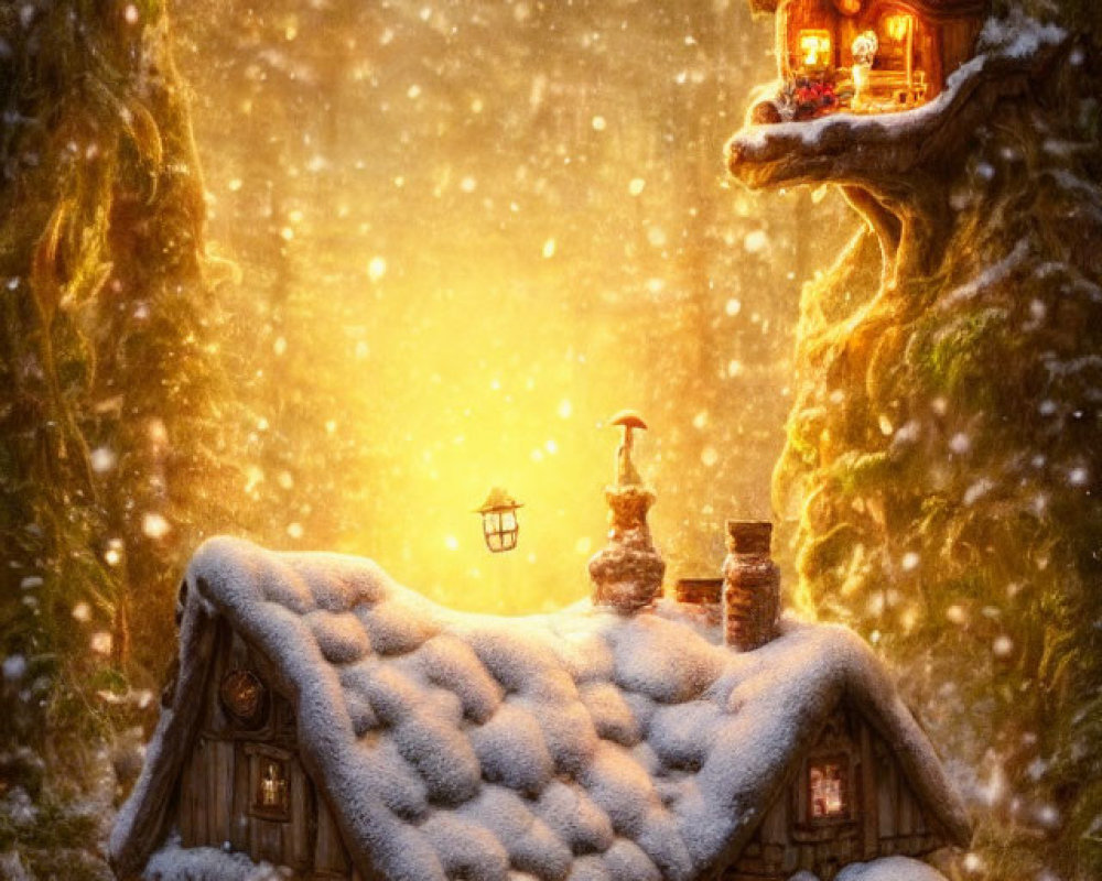 Enchanted forest cottage in snowfall with glowing mushrooms