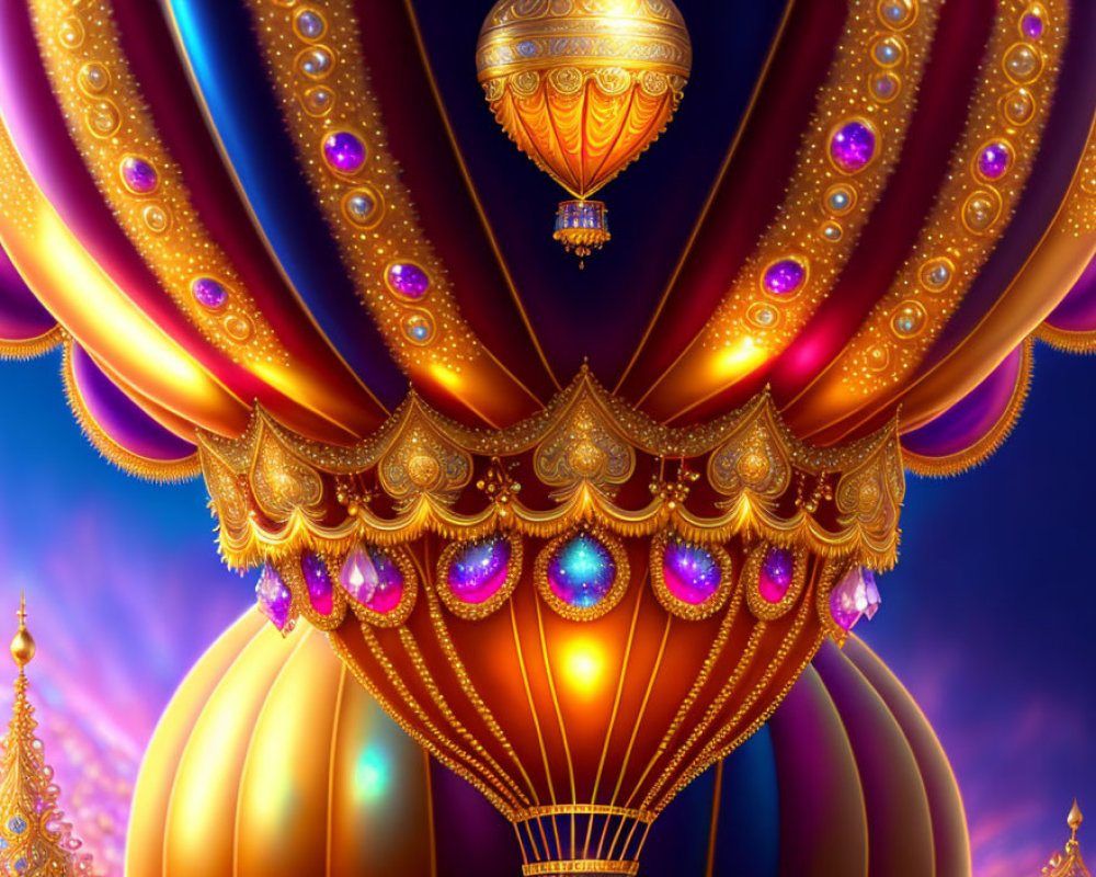 Fantasy hot air balloon with golden accents and intricate patterns