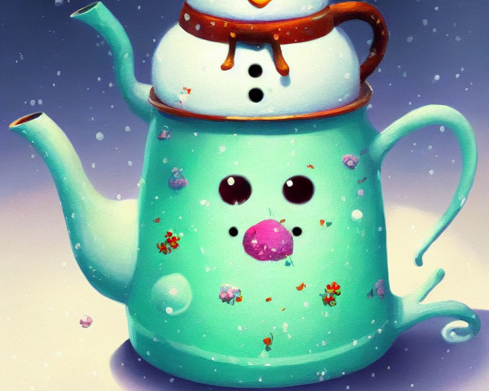 Snowman on Mint Green Teapot with Flowers in Snowy Scene