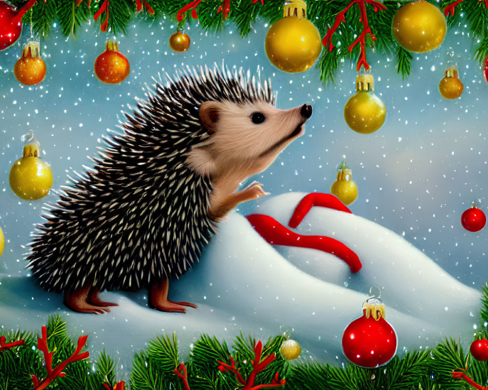 Hedgehog in snowy Christmas scene with tree branches and baubles