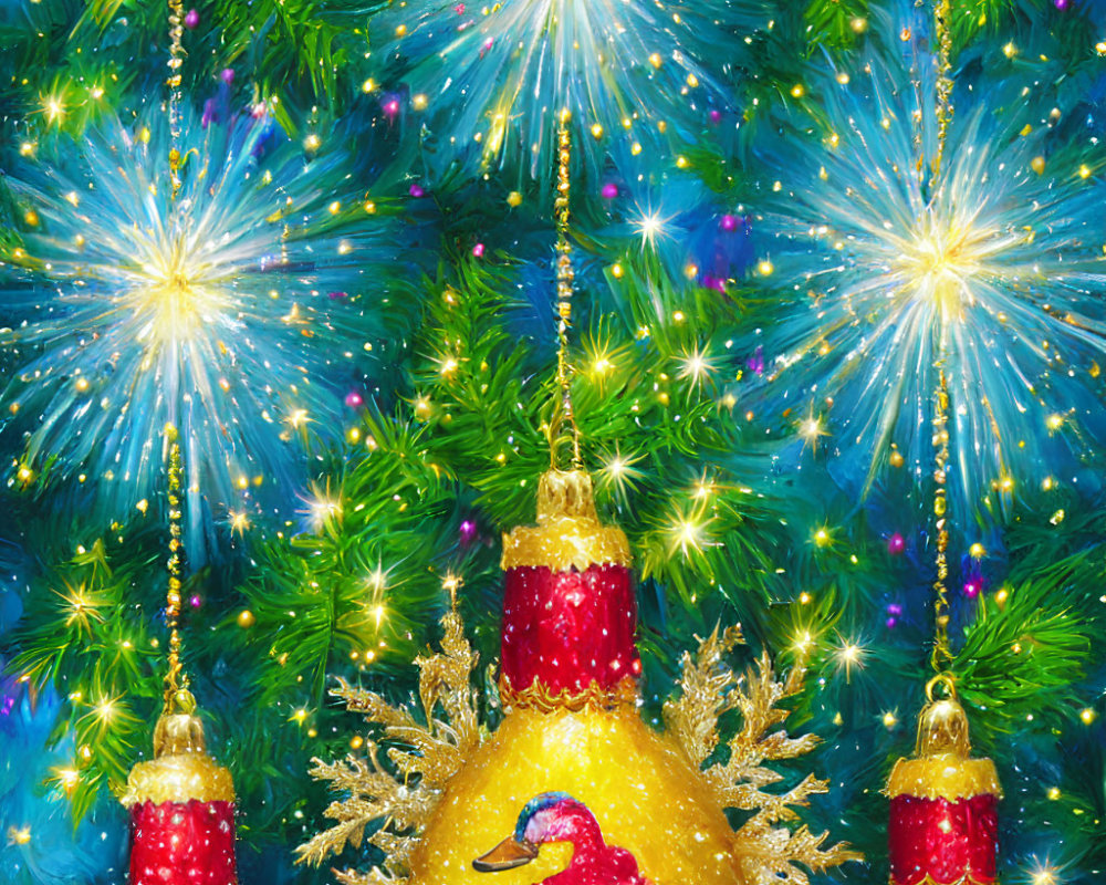 Colorful Christmas tree with twinkling lights and golden branches, decorated with red and yellow duck-themed ba