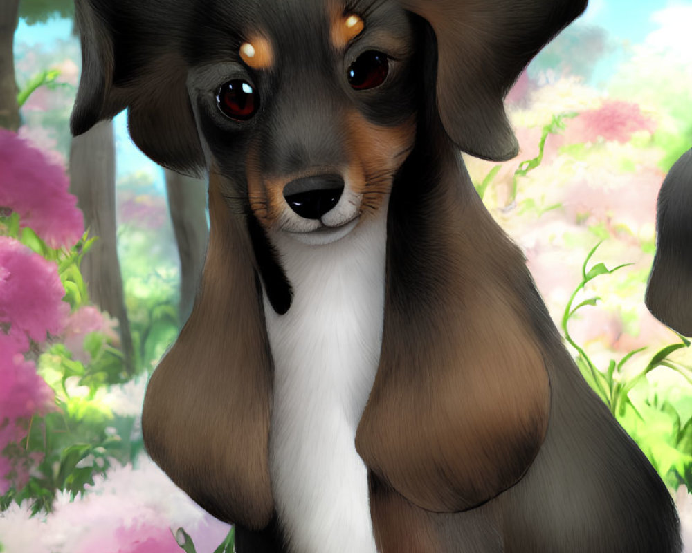 Adorable brown and black dachshund in pink flower garden