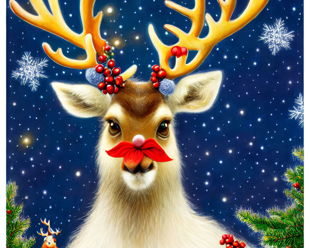 Whimsical reindeer illustration with red nose and festive antlers against starry night sky