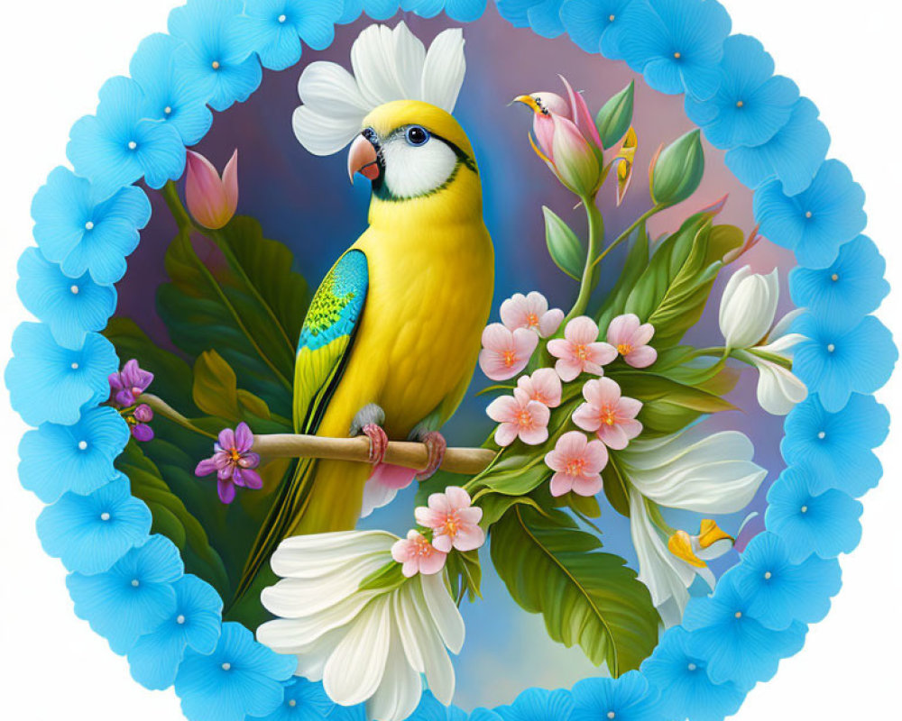 Colorful Budgerigar Perched Among Blue and White Flowers