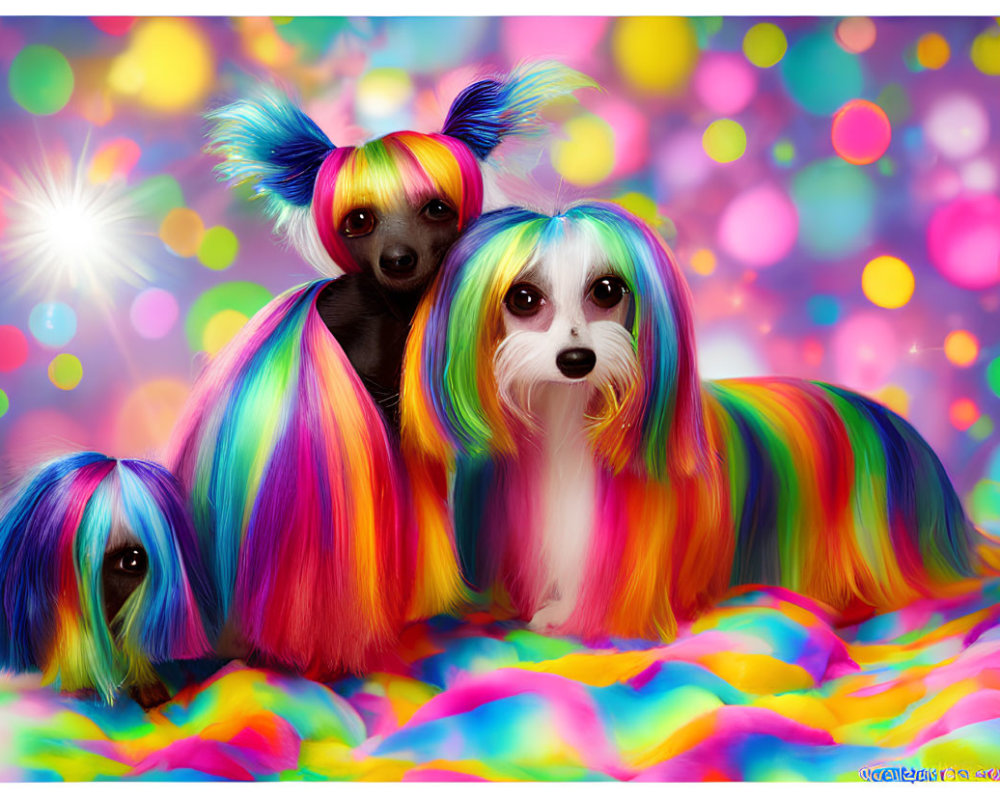 Colorful Dogs with Human-like Ears on Abstract Bokeh Background