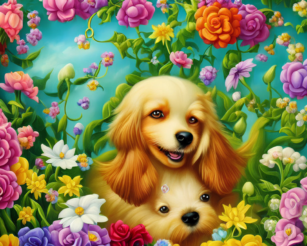 Colorful Cartoon Dogs Surrounded by Flowers and Greenery