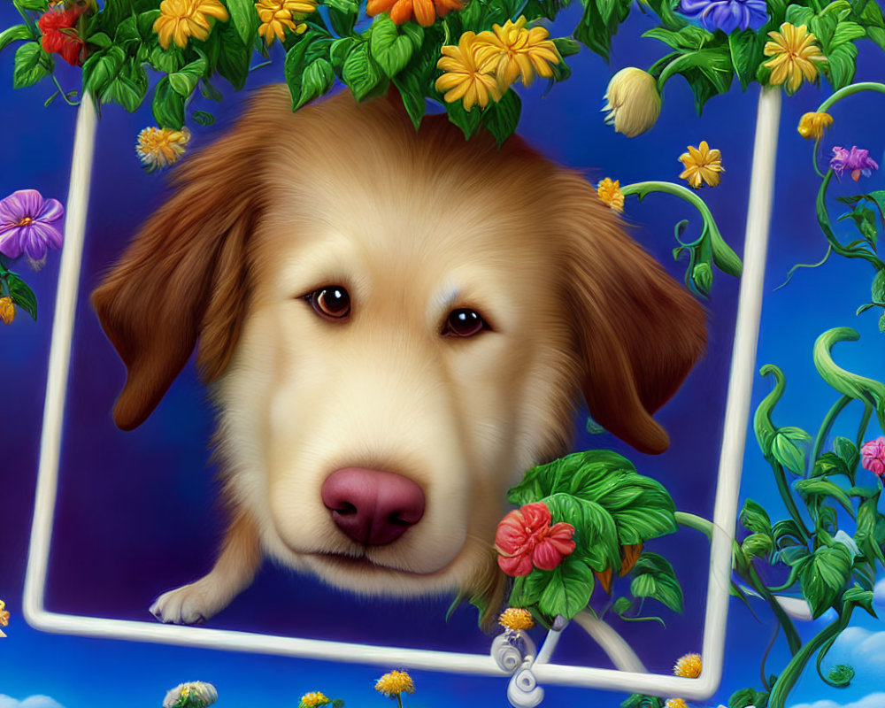 Whimsical dog face surrounded by blooming vines on blue background