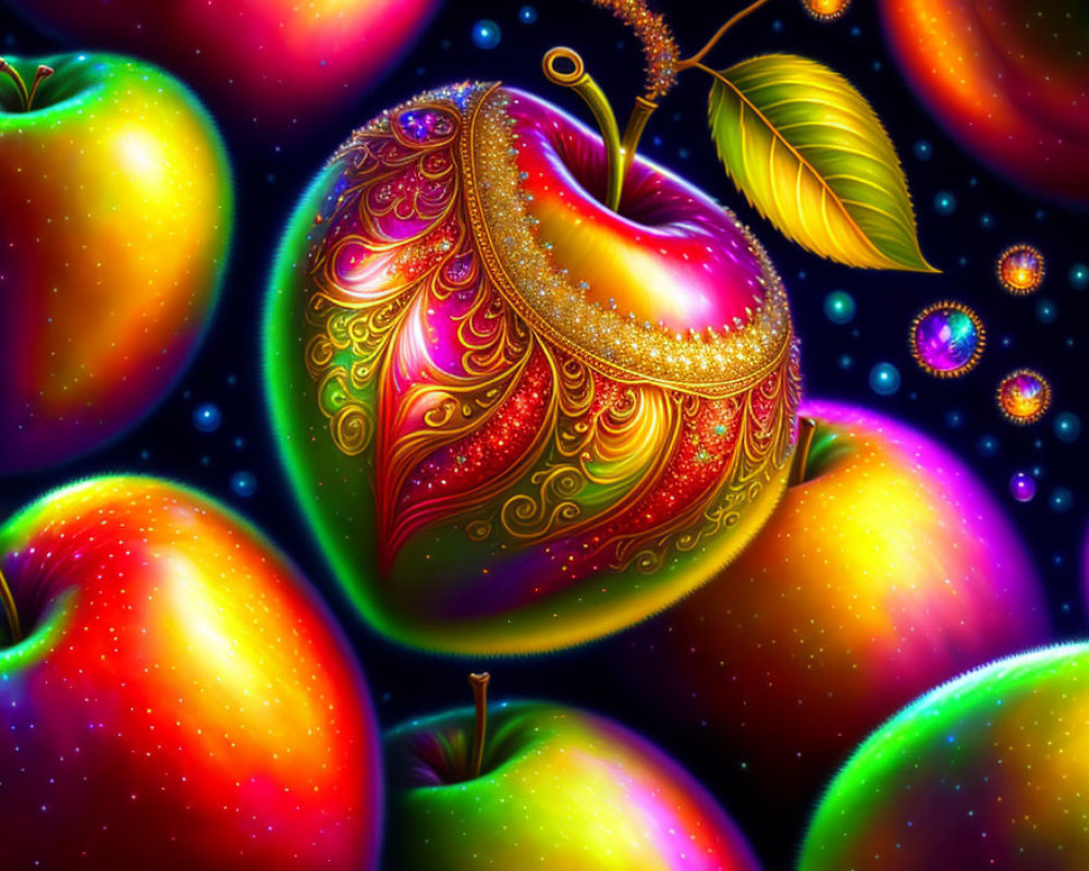 Colorful digital artwork featuring ornate apple designs on a sparkling, night sky backdrop.