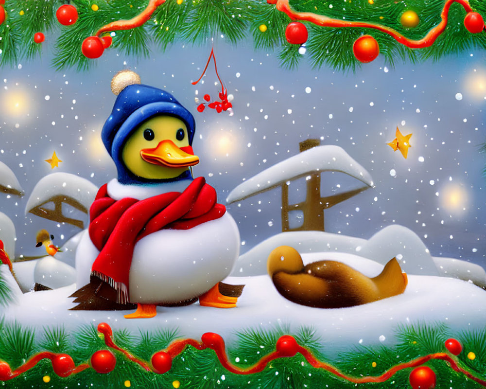 Winter Scene: Cheerful Duck in Blue Hat and Red Scarf Surrounded by Snow, Greenery