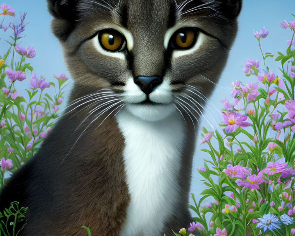 Detailed Grey and White Cat Illustration with Yellow Eyes and Wildflowers