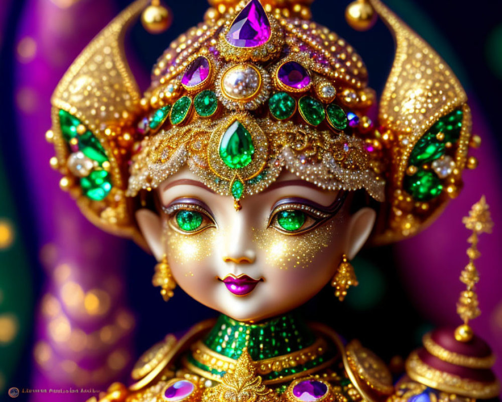 Colorful Ornate Figurine with Golden Crown and Gemstones