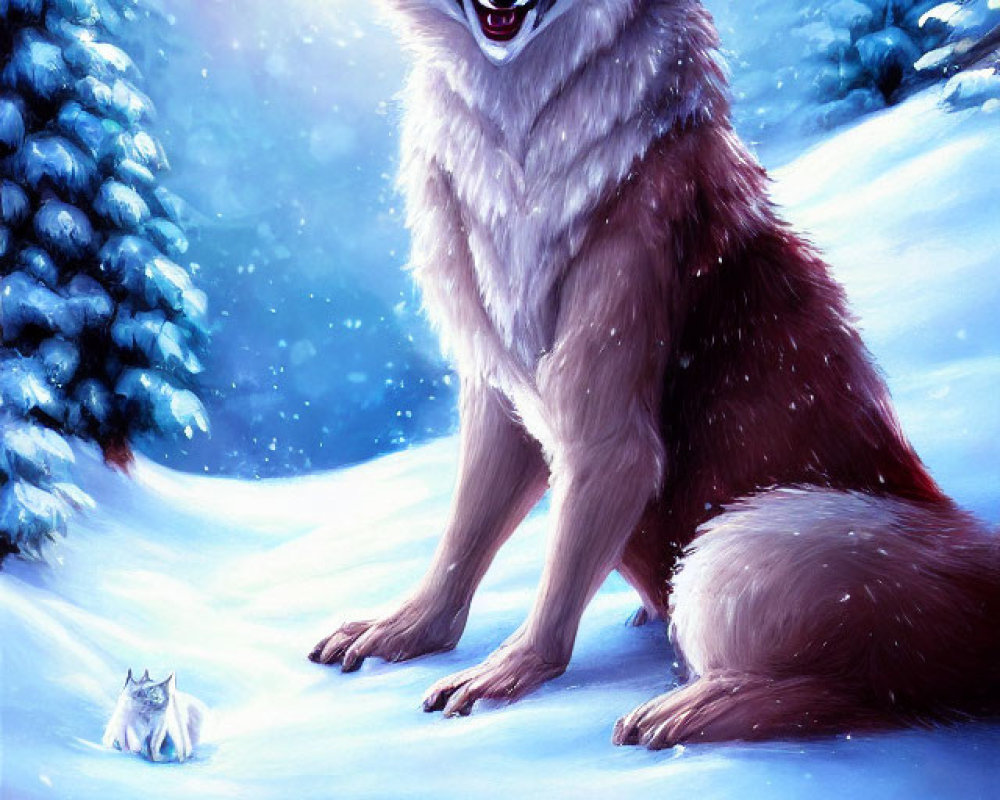 Digital painting: Red wolf in snowy landscape with pine trees & small white wolf.