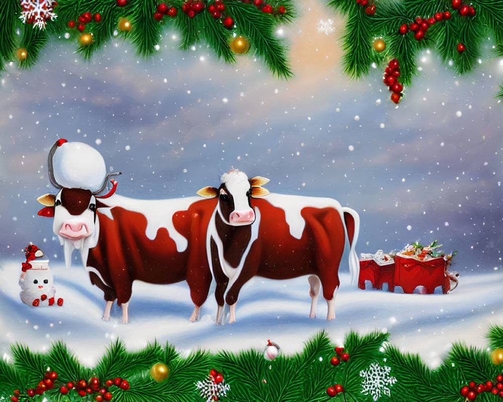 Festive winter cartoon scene with two cows, snowman, tree, decorations, and sleigh