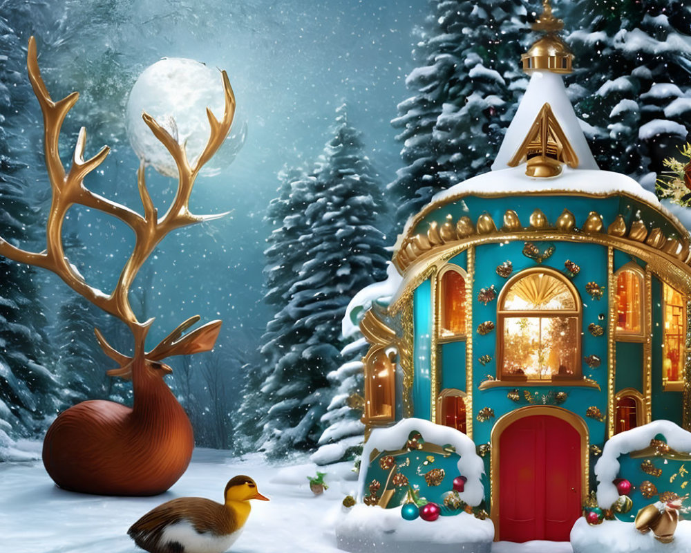 Whimsical teal house in snowy winter scene with duck and reindeer.