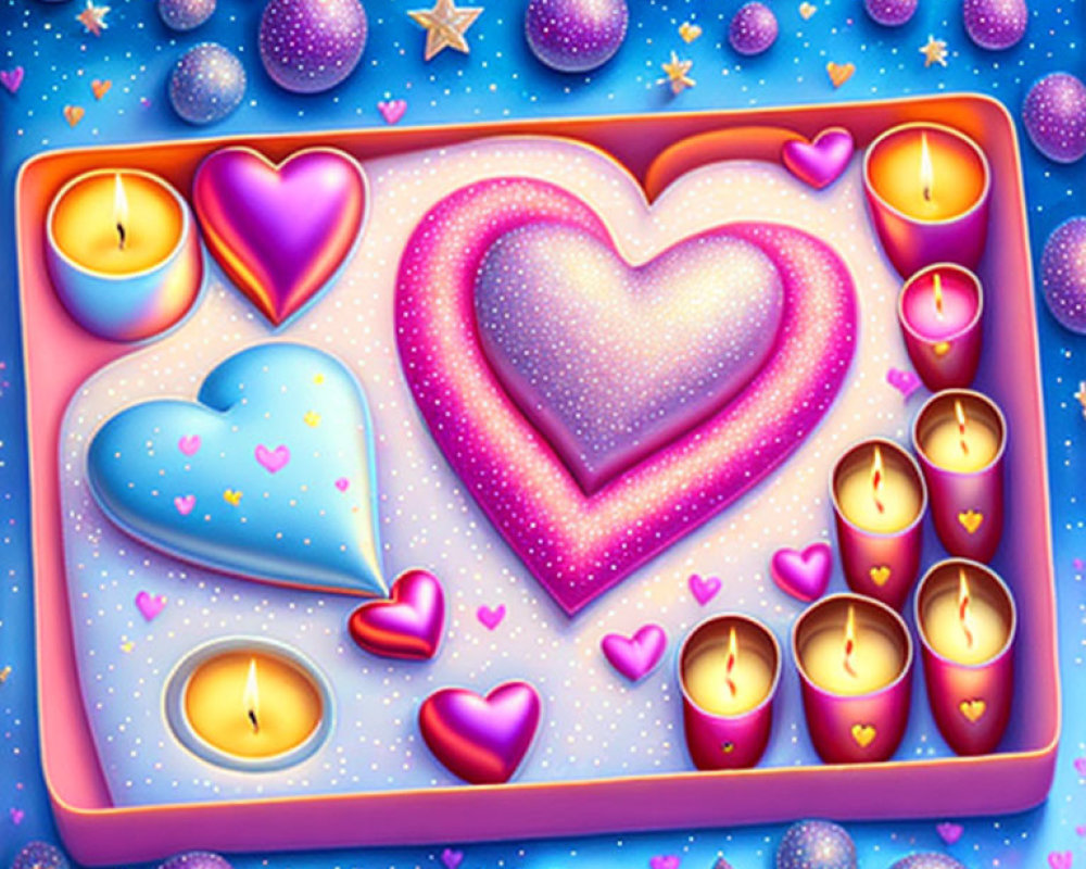 Colorful Heart Shapes and Candles in Magical Starry Sky