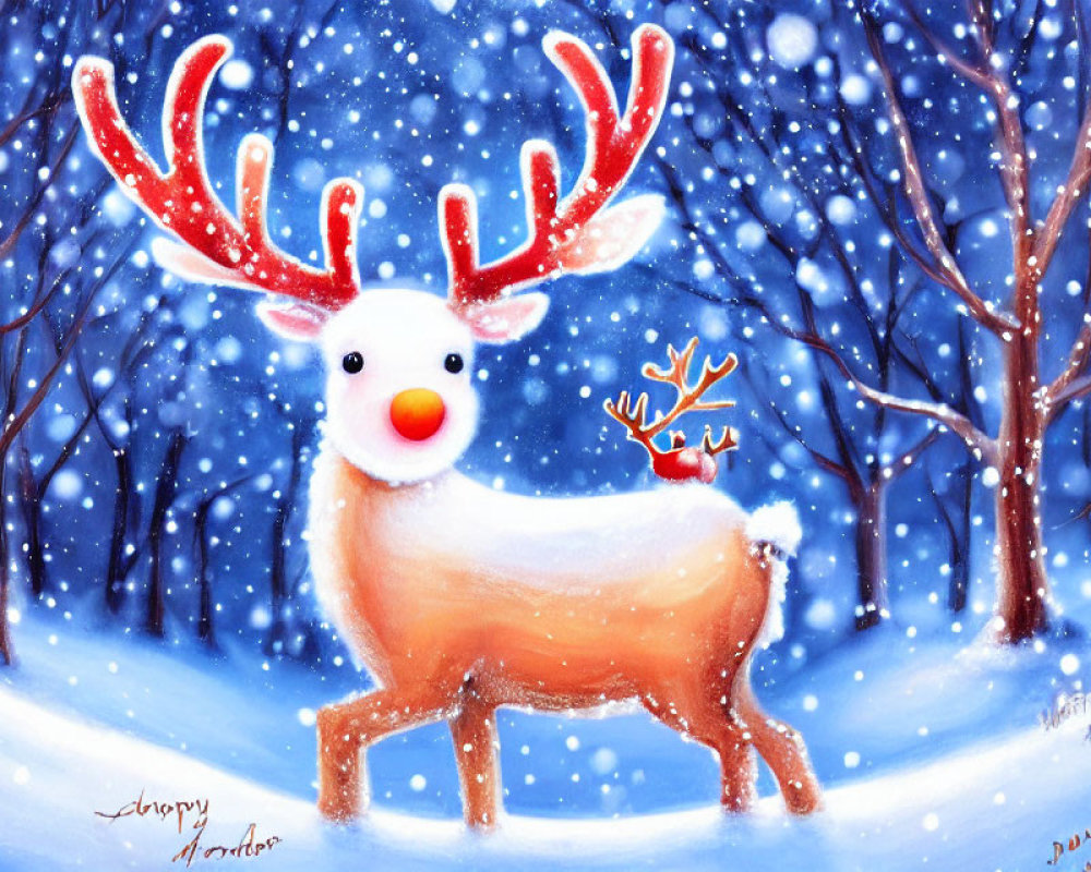 Whimsical painting of large reindeer with glowing red nose in snowy forest