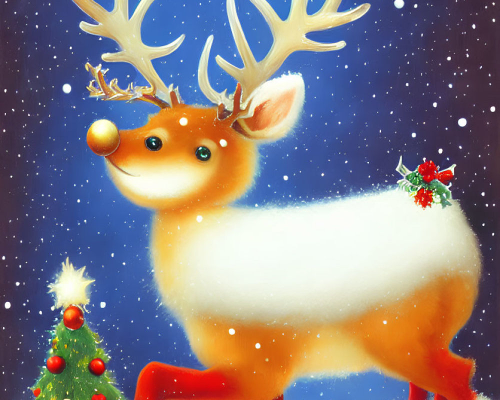 Smiling reindeer with glowing antlers in snowy Christmas scene