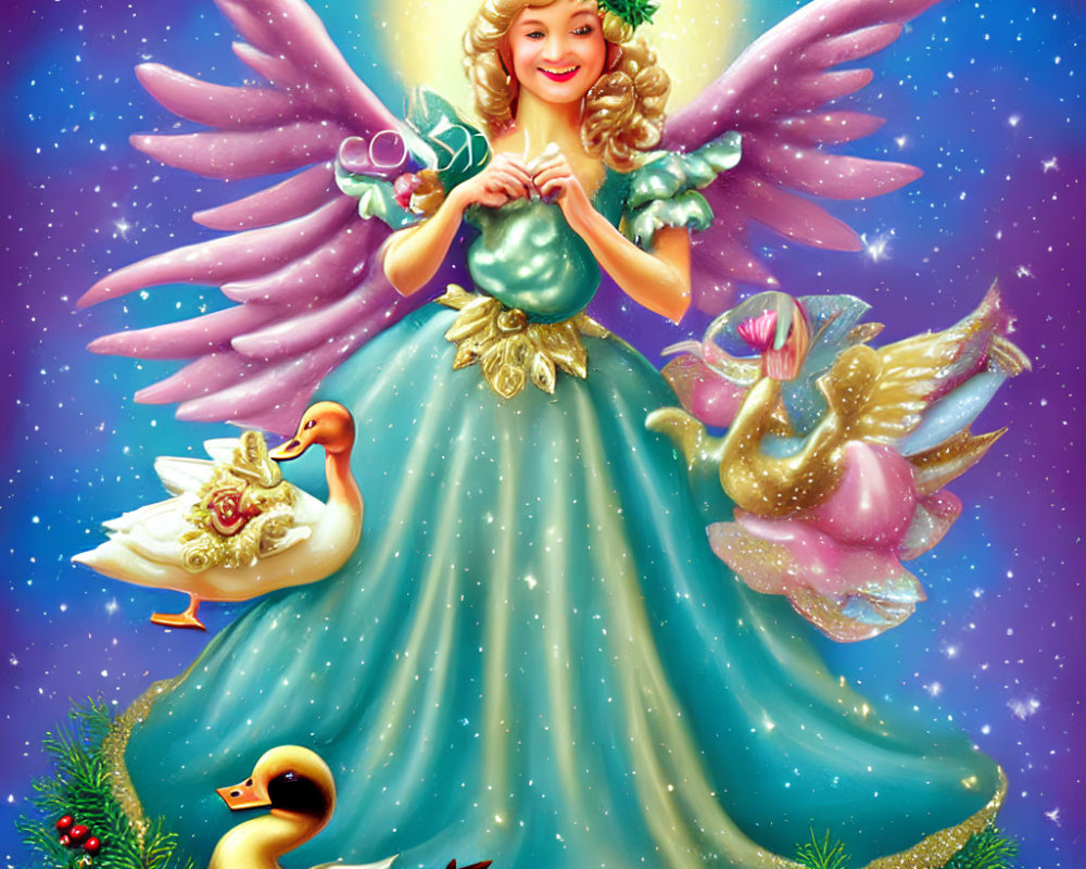 Angel in Green and Gold Dress with Heart, Swans, and Starry Sky