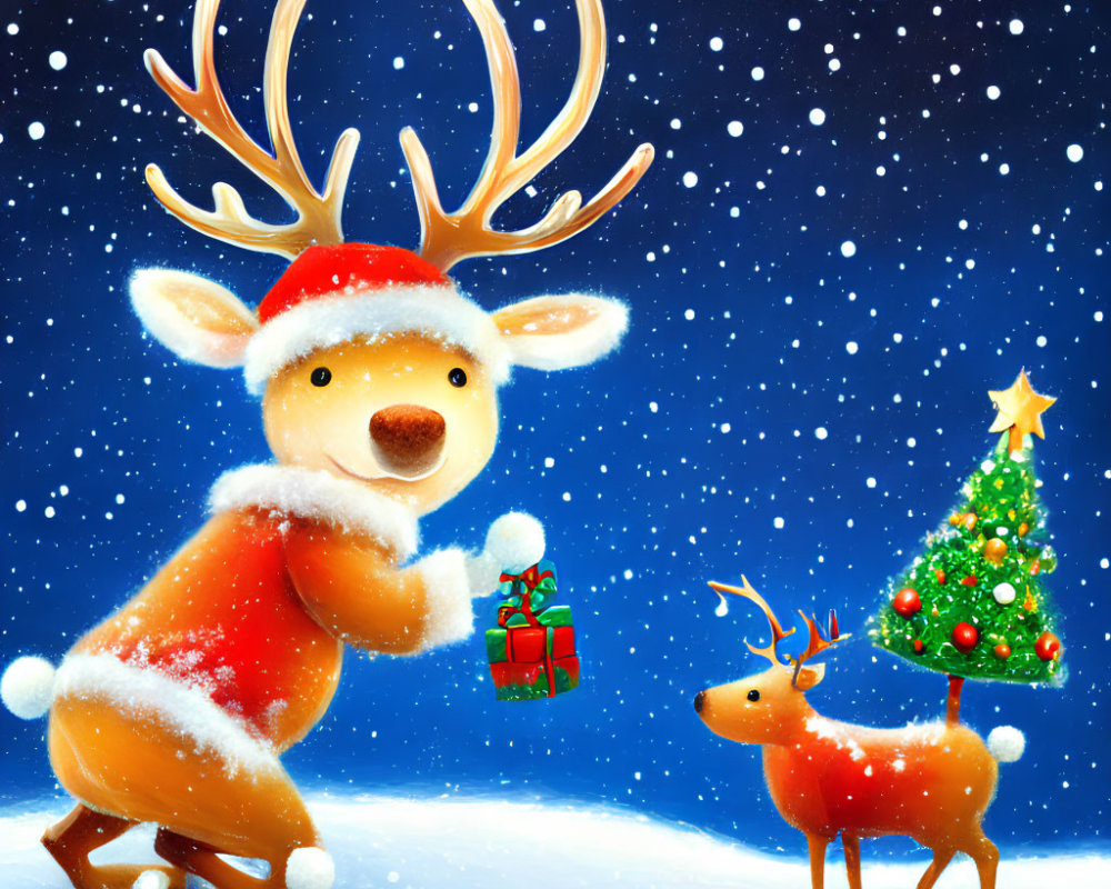 Illustration of Santa hat reindeer giving gift under Christmas tree