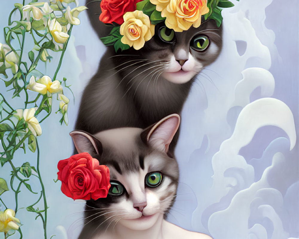 Colorful Cat Humanoid with Small Cat and Flowers on Cloudy Background