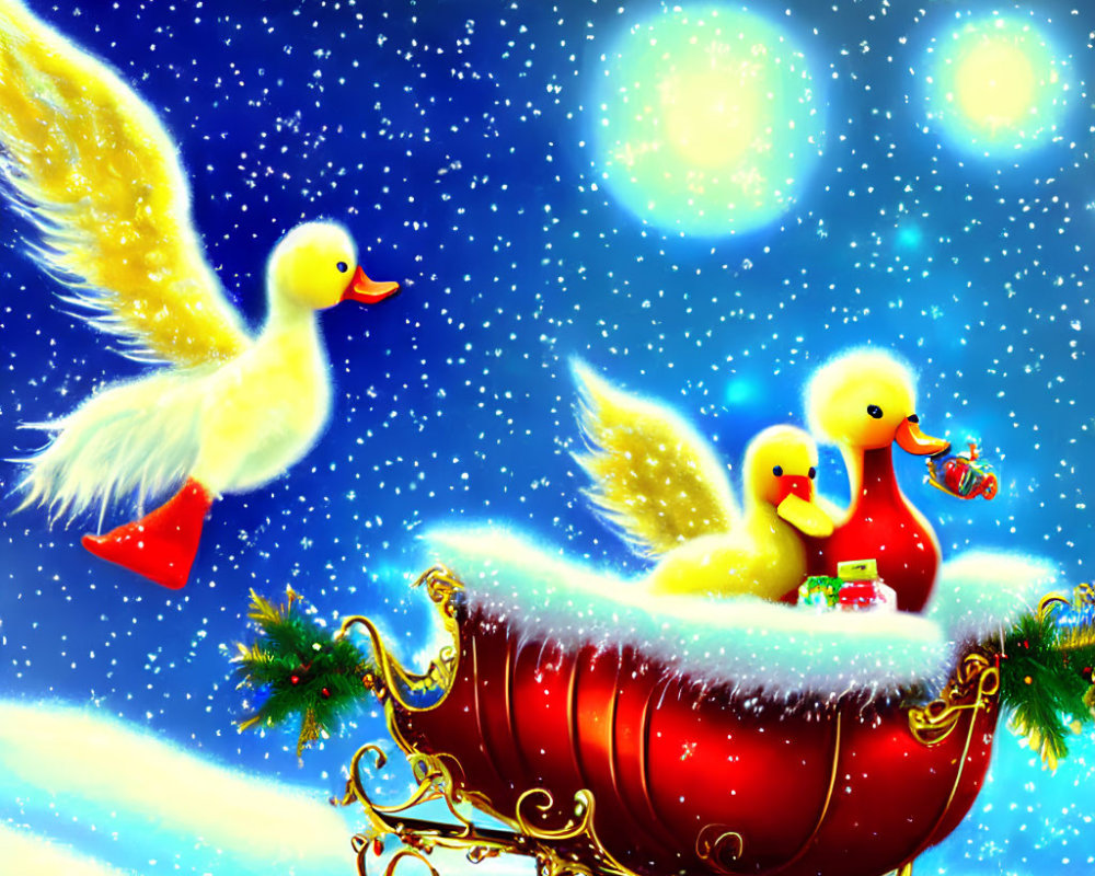 Whimsical rubber ducks with wings in snow-covered sleigh under starry sky