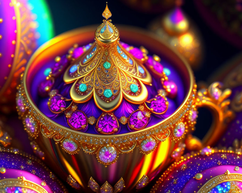 Colorful fractal artwork of ornate jeweled structure with intricate patterns.