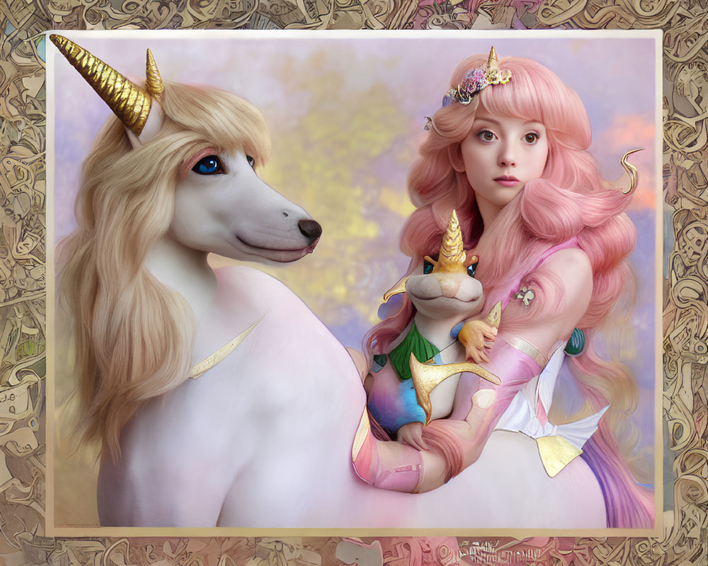 Pink-haired girl with unicorn horn and dragon beside majestic white unicorn