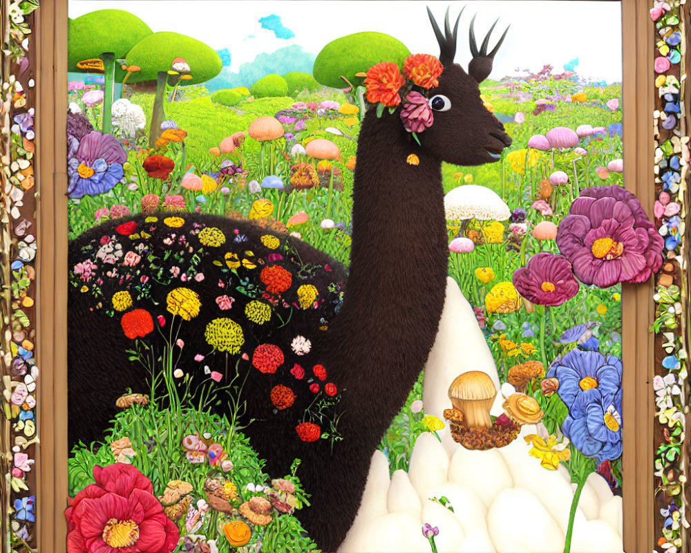 Colorful llama illustration in flowery meadow with decorative frame