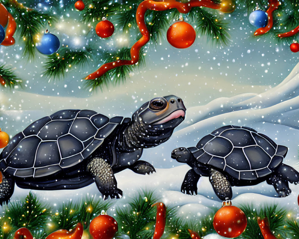 Snowy Christmas scene featuring two turtles and decorated trees