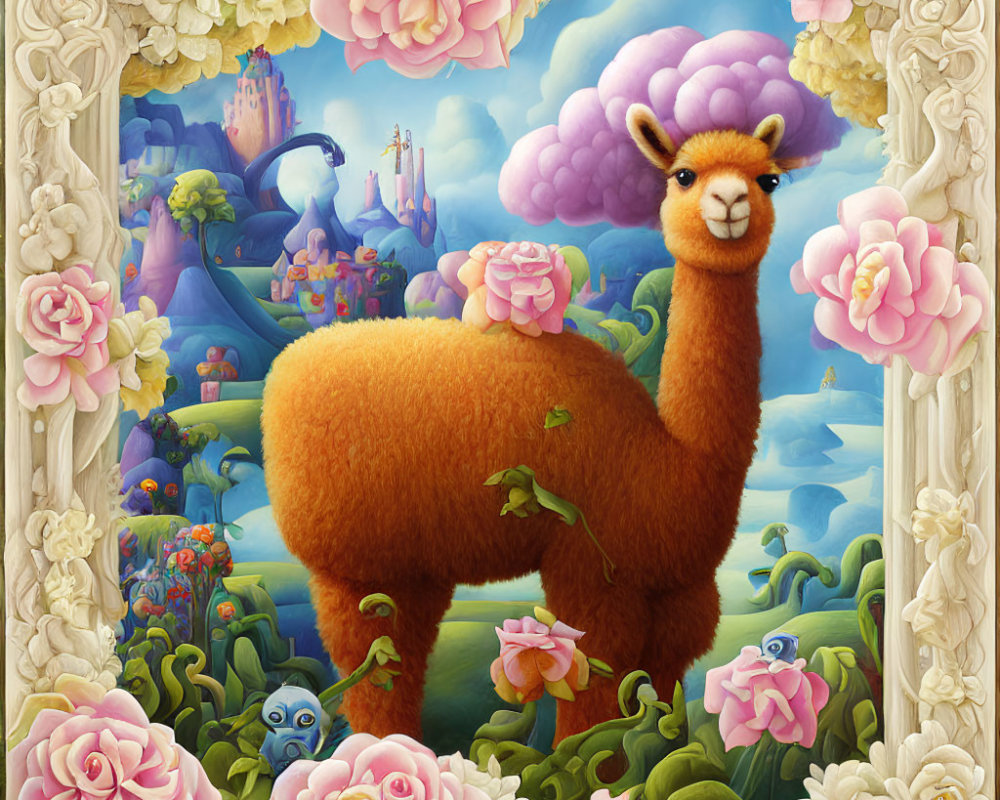 Colorful Alpaca Artwork with Floral and Castle Background