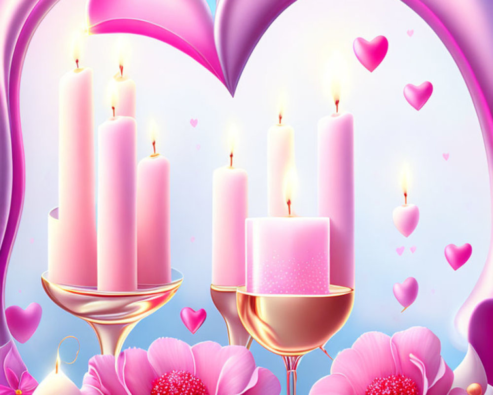 Romantic Candlelit Scene with Pink Flowers and Hearts