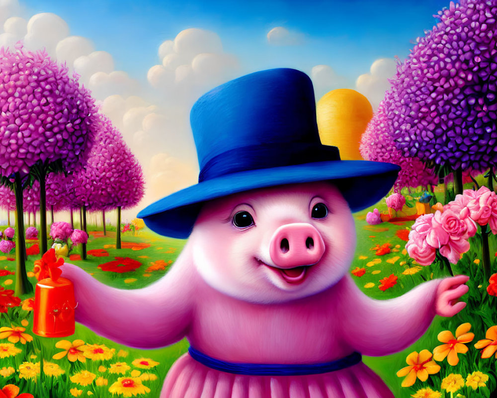 Colorful Cartoon Pig in Blue Hat and Pink Dress Surrounded by Flowers