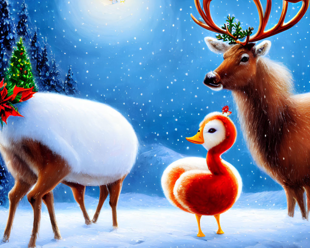 Whimsical Christmas scene with glowing red duck, reindeer, and sheep under night sky