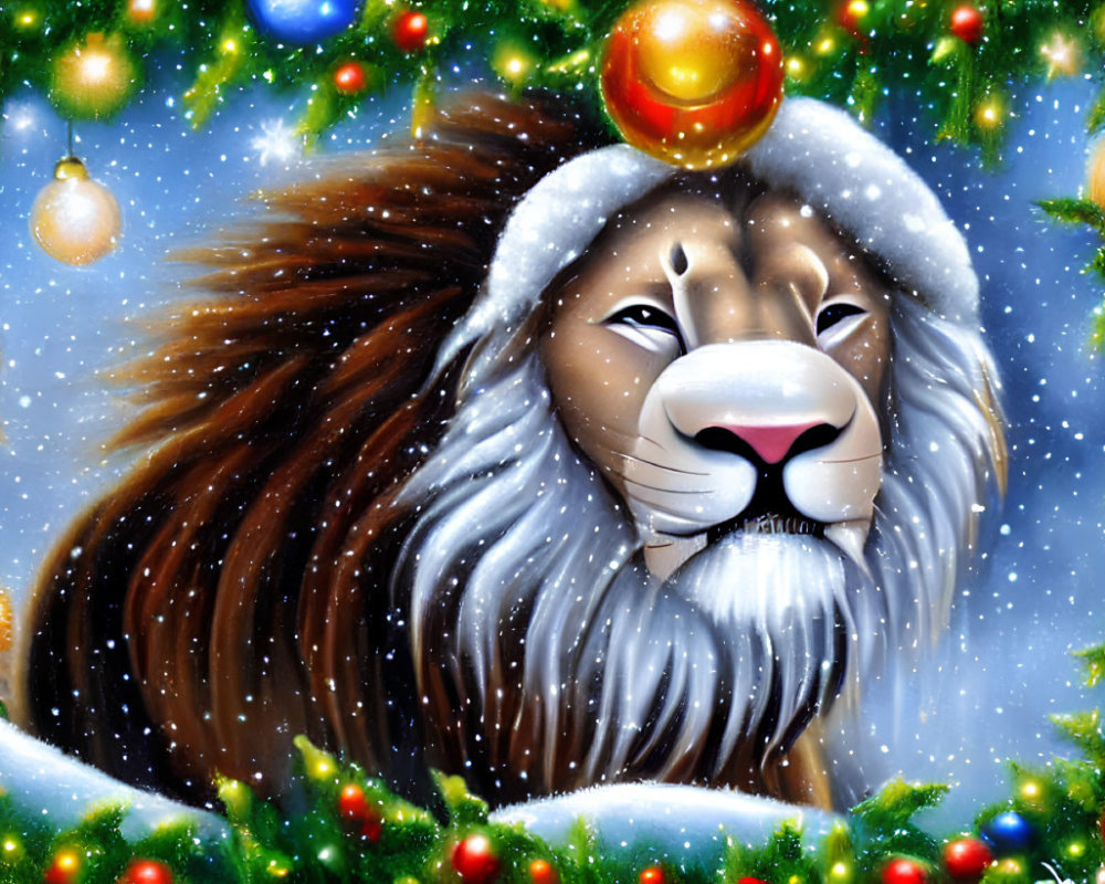 Majestic lion in winter wonderland with Christmas trees