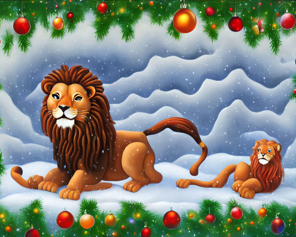 Cartoon lions in snowy landscape with festive decorations