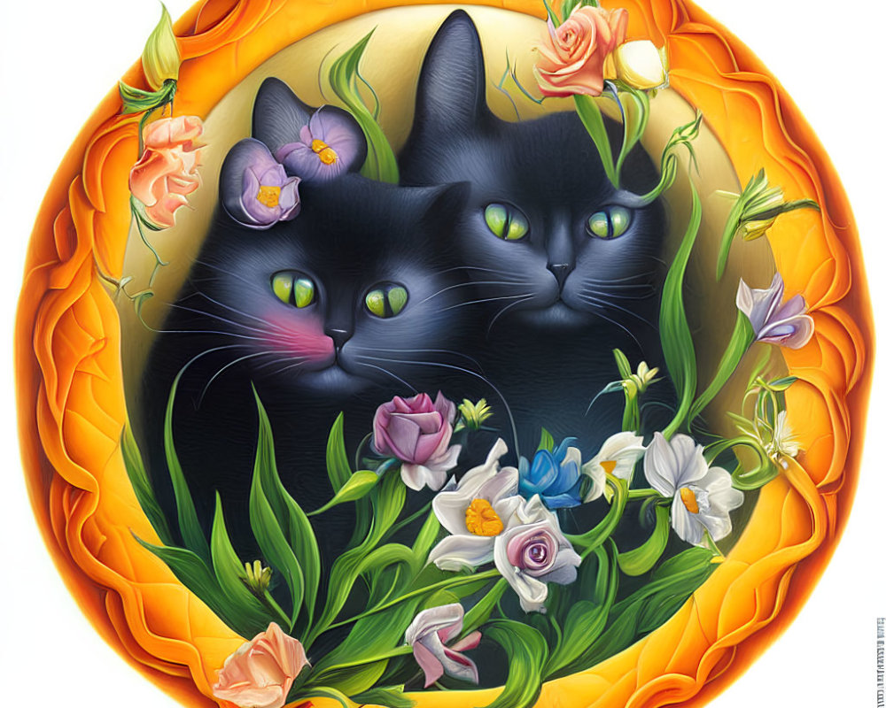 Stylized black cats with floral patterns in circular sun border