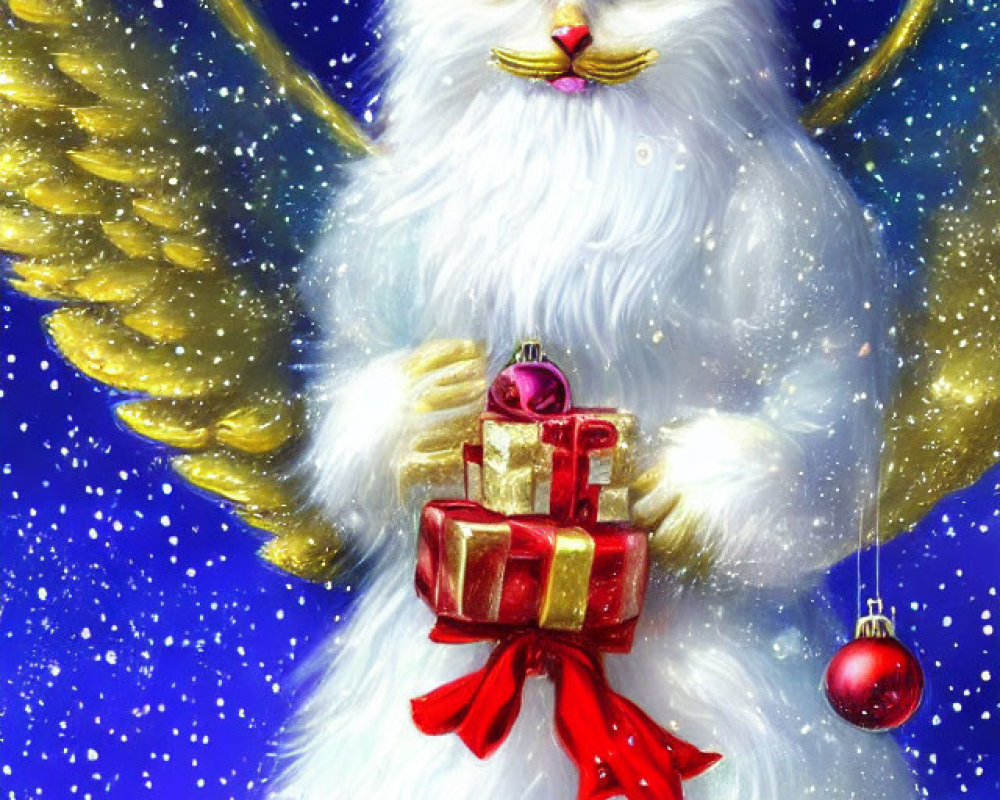 White Cat with Angel Wings Holding Gift in Snowy Blue Winter Scene