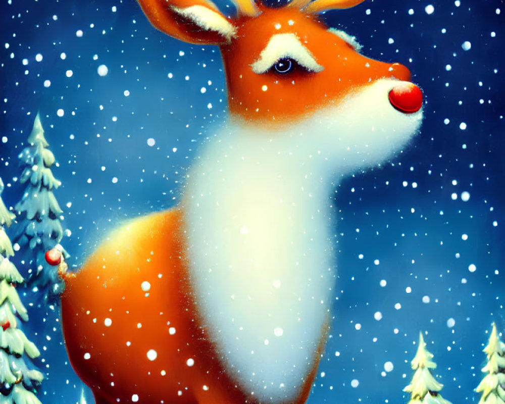 Vibrant reindeer illustration in snowy landscape with glowing antlers